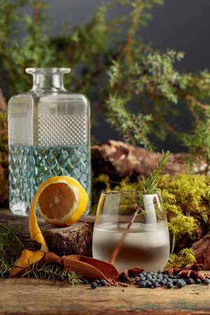 Gin-tonic cocktail with ice and a sprig of rosemary. Juniper berries, anise, and coriander are scattered on a wooden table. In the background old tree, moss, and branches of juniper.の写真素材