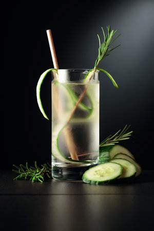 Cold refreshing drink with ice, cucumber, and rosemary. The frozen glass on a black table.の写真素材