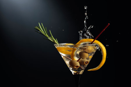 Green olive fall in glass with cocktail. Dry martini with lemon peel and green olives on a black background.の写真素材