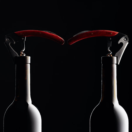 Bottles of red wine with corkscrews on a black background. Copy space.の写真素材