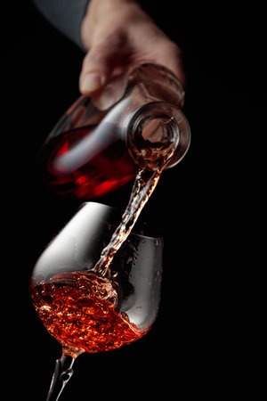 Pouring brandy in a glass goblet. Black background with copy space.