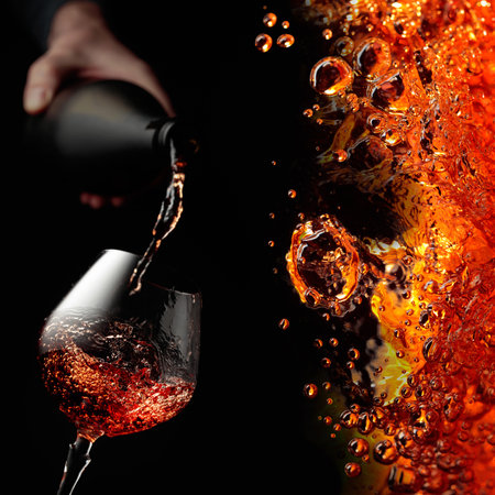 Pouring brandy in a glass goblet. Copy space.の写真素材