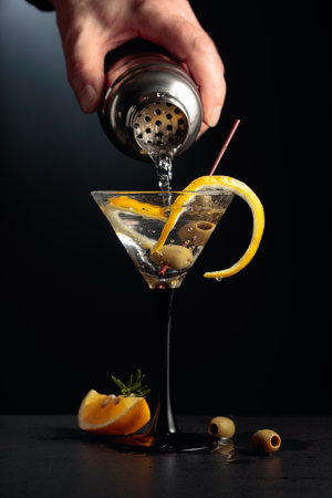 Bartender pour cocktail from shaker. Dry martini with lemon peel and green olives on a black background.の写真素材