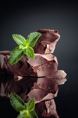 Large piece of dark bitter chocolate with mint on a black reflective background. Copy space.の写真素材
