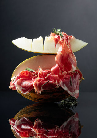 Prosciutto with melon and rosemary on a black reflective background.の写真素材