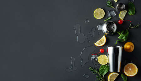 Shaker with ingredients for making cocktails. Dark background with copy space. Top view.の写真素材