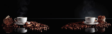 Black coffee in a white cup with coffee beans, cinnamon sticks, and star anise. Concept image with a black background. Copy space.の写真素材