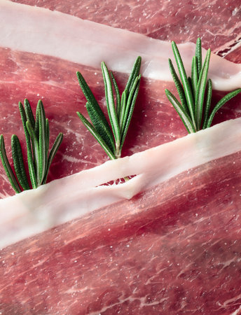 Prosciutto and rosemary, top view with copy space.
