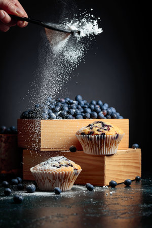 Blueberry muffins and berries in a wooden box. Muffins sprinkled with sugar powder.の写真素材