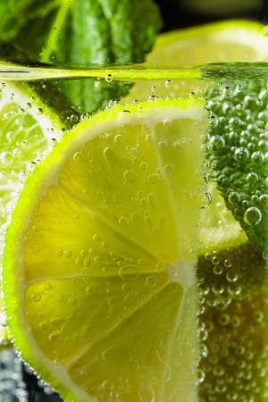 Carbonated drink or cocktail with mint and lime slices.