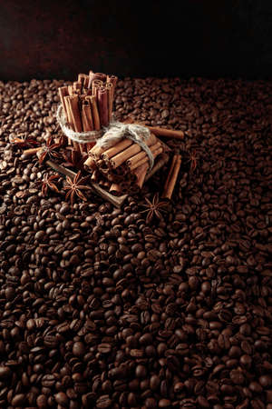 Cinnamon sticks with anise on a table with roasted coffee beans.の写真素材