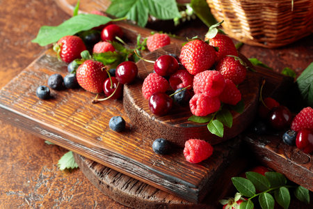 Assorted fresh berries with leaves. Strawberries, raspberries blueberries, and sweet cherries on an old vintage table.の写真素材