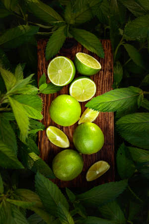 Limes and growing mint in the garden. Lime slices and mint leaves on an old wooden background.の写真素材