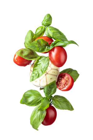 Ripe red tomatoes with basil and garlic isolated on a white background.の写真素材