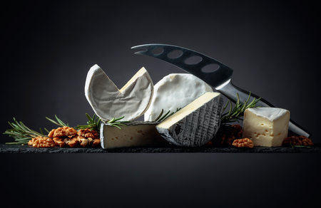 Various soft cheeses with walnuts and rosemary. Copy space.の写真素材