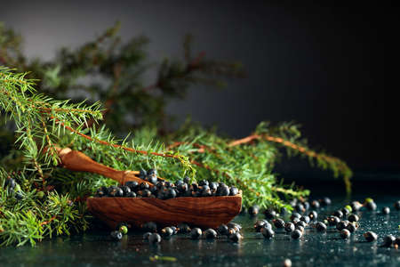 Wooden dish with seeds of juniper on an old dark blue table.の写真素材