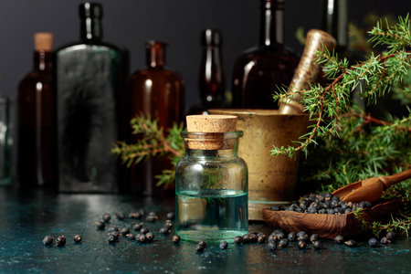 Juniper tincture with seeds and branches on an old wooden table.の写真素材