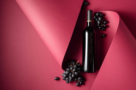 Bottle of red wine and blue grapes. Copy space for your text, top view.の写真素材