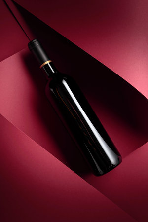 Bottle of red wine on a red background. Top view.の写真素材