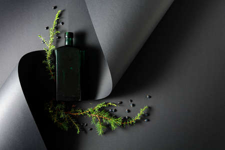 Vintage bottle and juniper branch with seeds. Top view with copy space.の写真素材