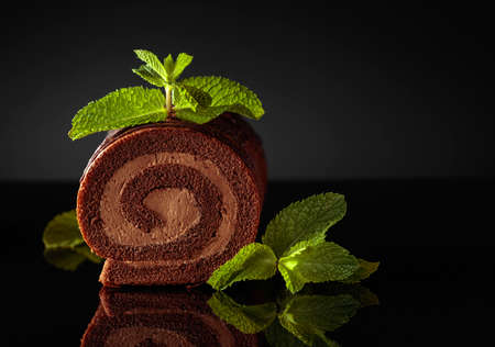 Chocolate roll cake with mint on a black reflective background. Copy space.の写真素材