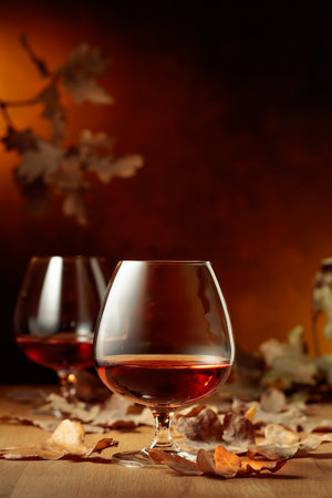 Glasses of brandy on an old oak table with fallen oak leaves. Copy space.の写真素材