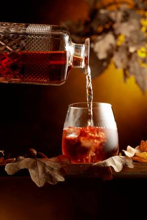 Whiskey is poured into a frozen glass with ice.の写真素材