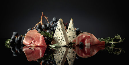Prosciutto with blue cheese, grapes, and rosemary, on a black background.の写真素材