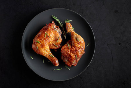 Grilled chicken leg sprinkled with rosemary on a black stone table. Top view with copy space.の写真素材