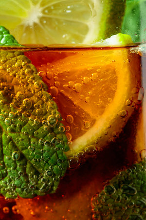 Carbonated drink with mint and lime slices. Macro shot.の写真素材