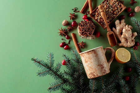 Mug and ingredients for making a winter hot drink on a green background. Top view. Copy space.