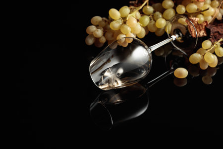 Glass of white wine with grapes and dried up vine leaves. Black reflective background with copy space.の写真素材
