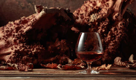 Sniffer of brandy on an old wooden table. In the background are old snags and dried-up vine leaves....