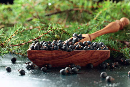 Wooden dish with seeds of juniper on an old dark blue table.の写真素材