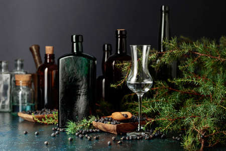 Gin with juniper seeds and branches on an old table. In the background are kitchen utensils and antique bottles.の写真素材