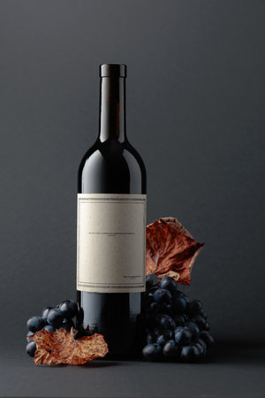 Bottle of red wine and blue grapes with dried up vine leaves on a dark background. On a bottle old empty label. Copy space.の写真素材