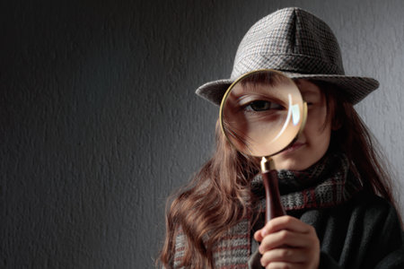 Cute little detective with a magnifying glass. A little girl in a hat and coat is playing detective. Copy space. Selective focus.の写真素材