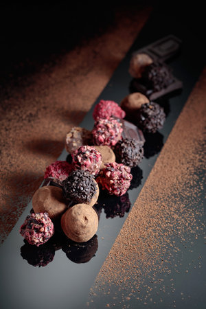 Various chocolate sprinkled with cocoa powder on a black reflective background.の写真素材