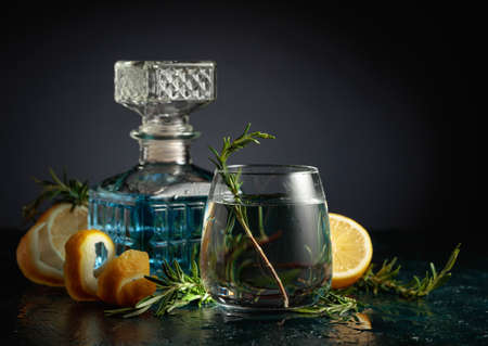 Gin tonic cocktail with lemon and rosemary. Copy space.の写真素材