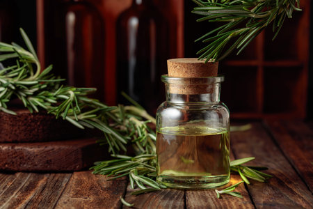 Rosemary essential oil or infusion on an old wooden table. Aromatherapy, spa, and herbal medicine ingredients.の写真素材