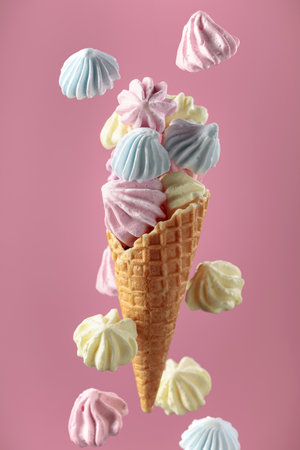 Homemade colorful meringue in a waffle cone on a pink background.