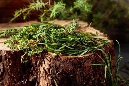 Fragrant uncultivated herbs on a stump in the forest. Fresh thyme and rosemary.の写真素材
