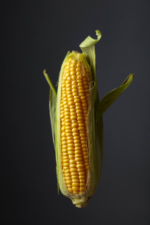 Fresh corn on cobs on a dark background.の写真素材