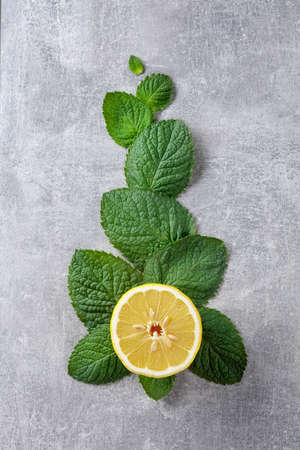 Lemon slice and mint leaves, top view.の写真素材