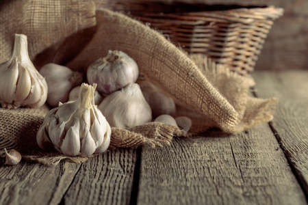 Garlic bulbs on an old wooden table.の写真素材