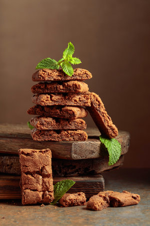 Pieces of fresh brownie with mint on a rustic brown background.の写真素材