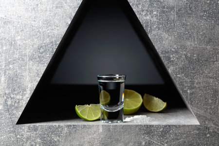 Tequila with lime slices and sea salt on a grey stone background.の写真素材