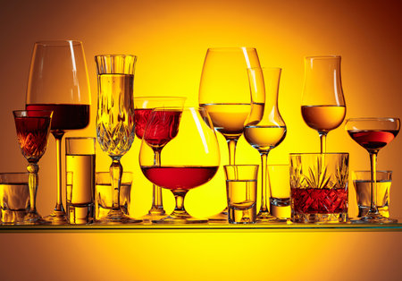 Various alcoholic drinks in the bar on a yellow background.の写真素材