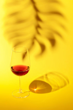 Glass of red wine with sunlight long shadow and refraction patterns and palm leaf trendy shadow. Copy space.の写真素材