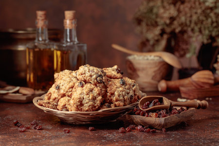 Oatmeal raisin cookies and kitchen utensils on a brown table.の写真素材